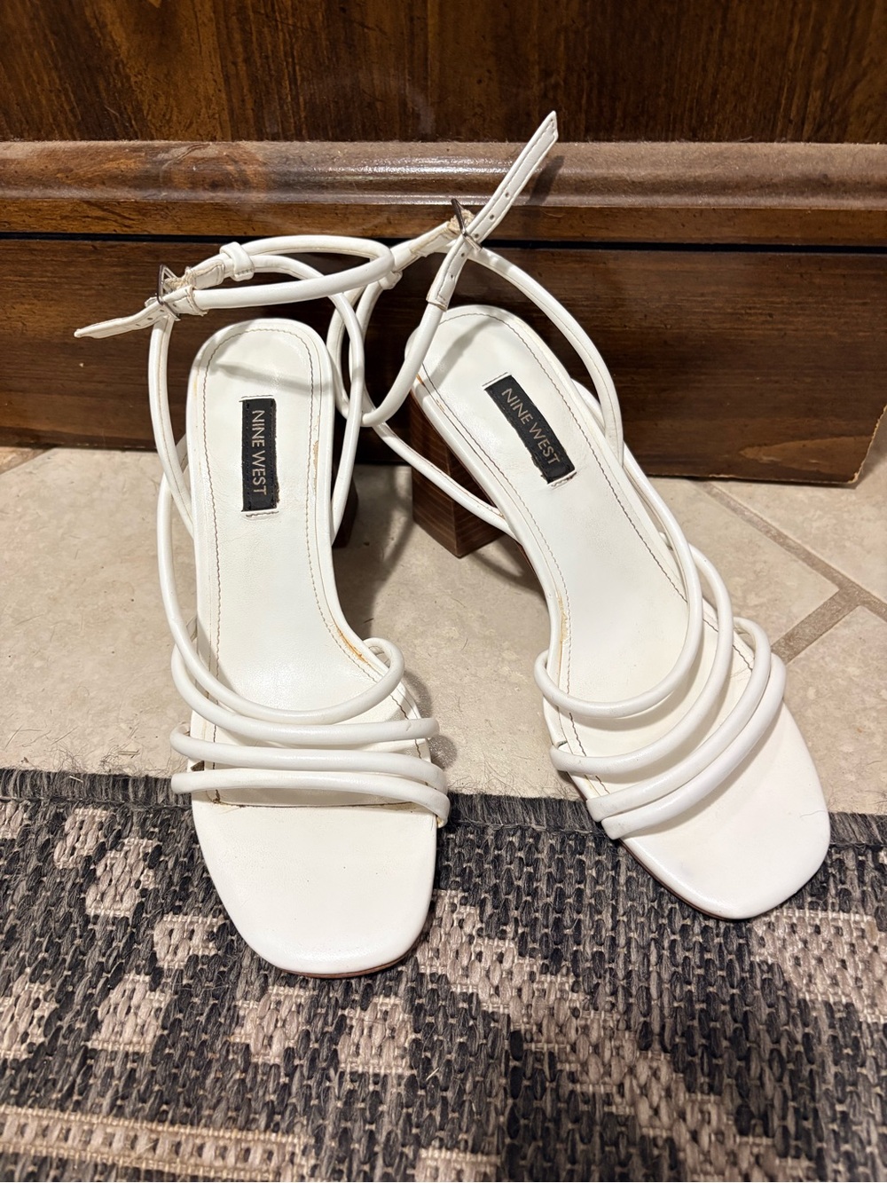Nine West White Strappy Block Heel Sandals with Ankle Tie
